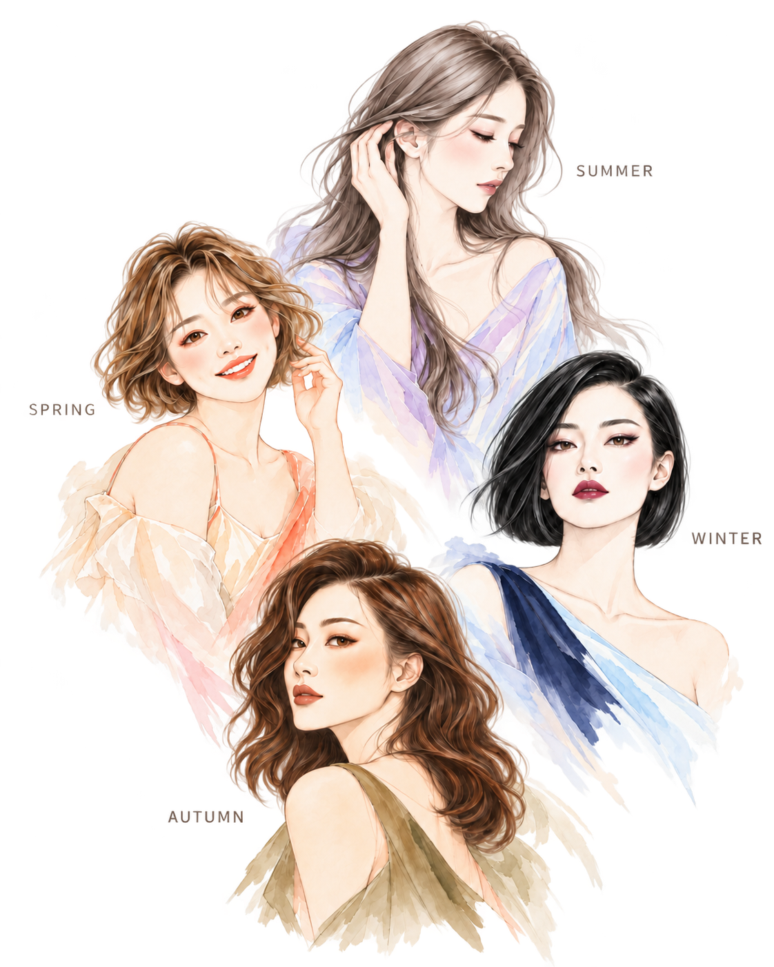 봄·여름·가을·겨울의 분위기를 표현한 네 인물을 비대칭 마름모 구도로 배치한 드로잉. 위쪽의 여름, 왼쪽의 봄, 오른쪽의 겨울, 아래쪽의 가을이 자연스럽게 이어집니다.